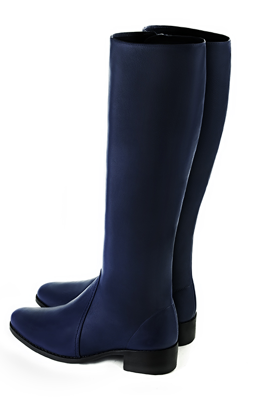 Navy blue women's riding knee-high boots. Round toe. Low leather soles. Made to measure. Rear view - Florence KOOIJMAN